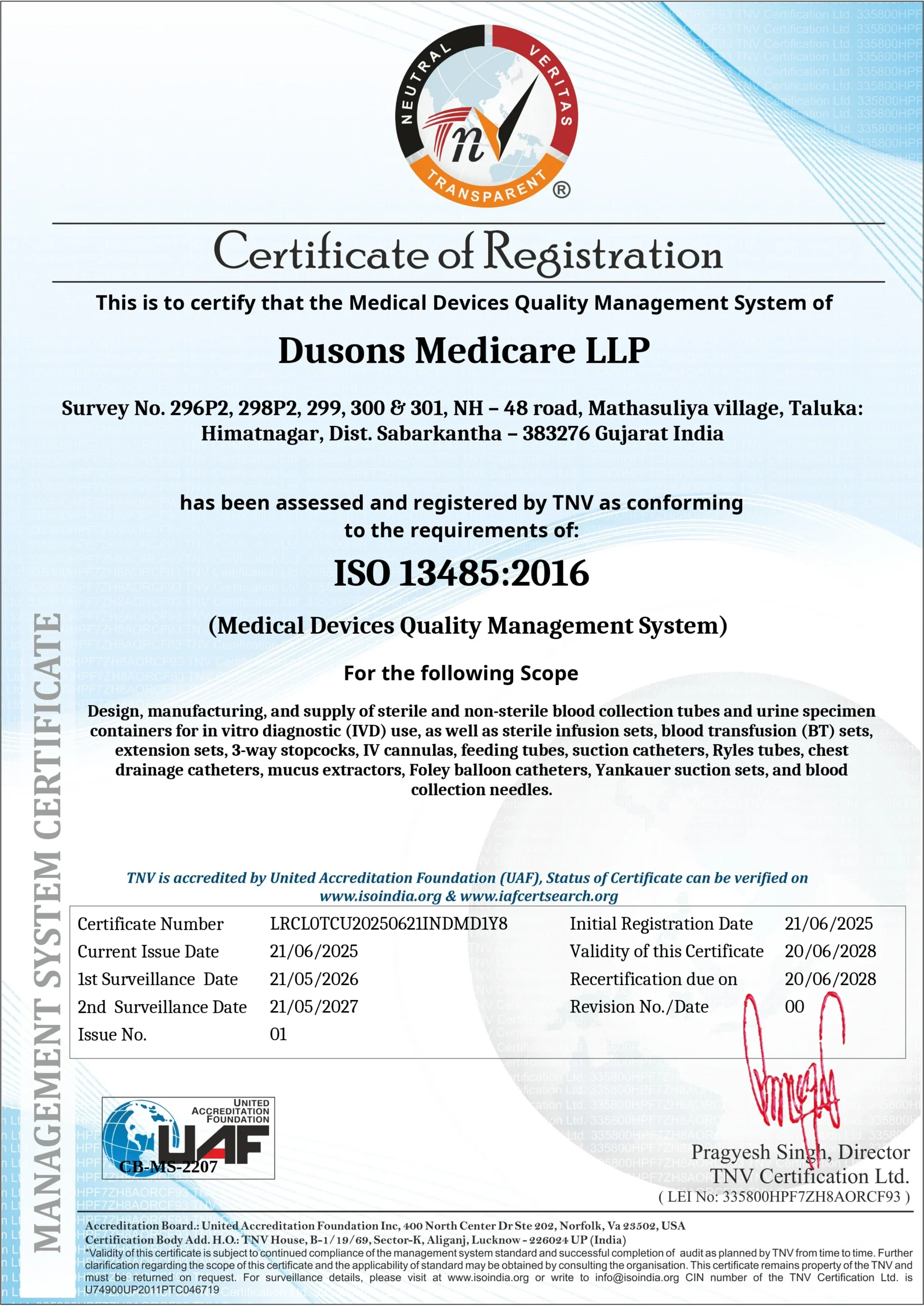 ISO 13485:2016 Certificate of Medical Devices Quality Management System